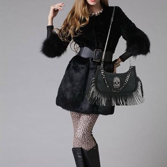 SKULL FRINGE HOBO BAG SHOULDER HANDBAG - Picture 8 of 11